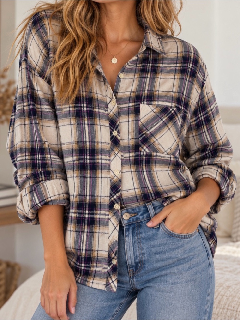Rails Navy Tan Cream and Fuchsia Hunter Plaid Button-Up Shirt - Size XL